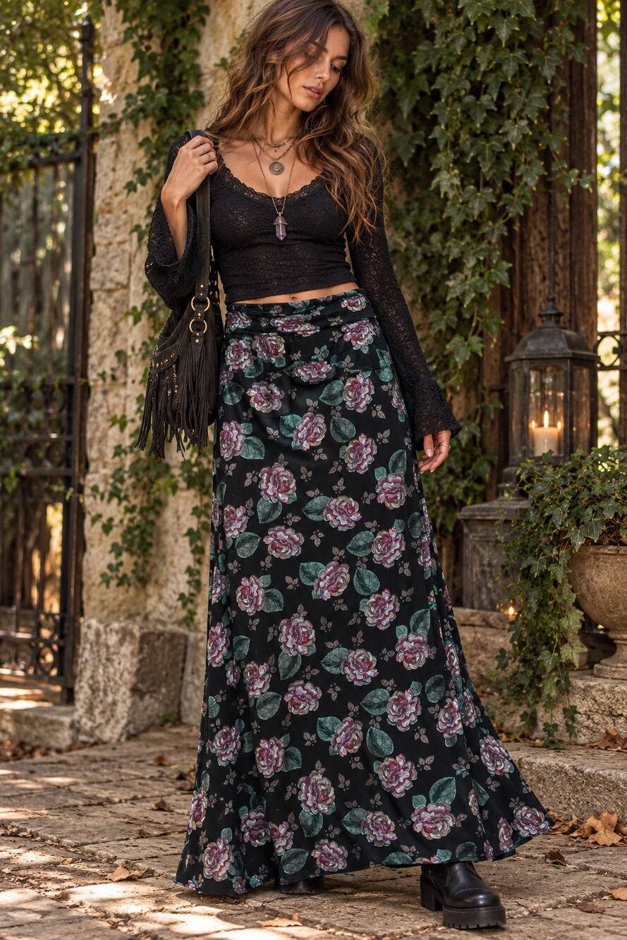 Whimsigoth Floral Maxi Skirt Fairy Grunge Dark Romantic NWT Large Witchy Boho